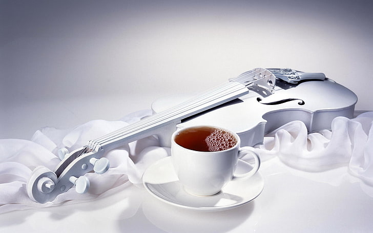 Кафе и цигулка, бяла керамична чаена чаша, музика,, бяла, кафе, цигулка, чаша, HD тапет