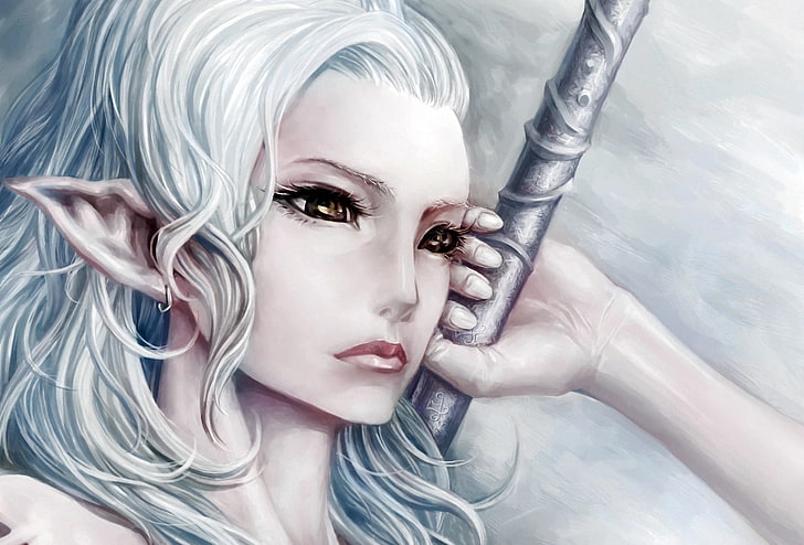 elf woman digital wallpaper, fantasy, art, elf, white hair, arm, youtsuu, HD wallpaper