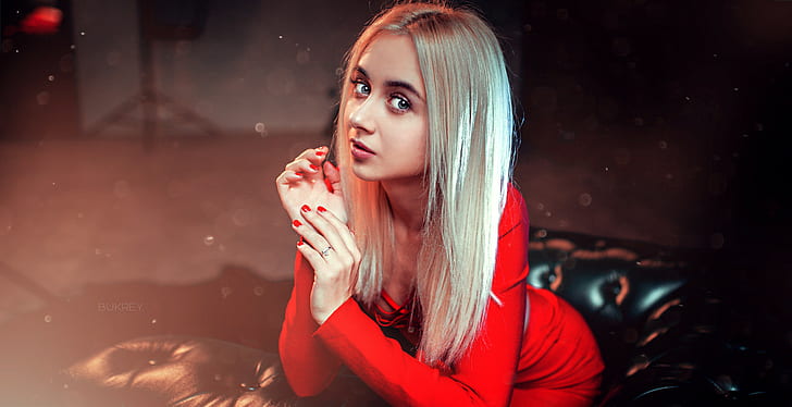 женщины, блондинка, красные ногти, портрет, красное платье, HD обои
