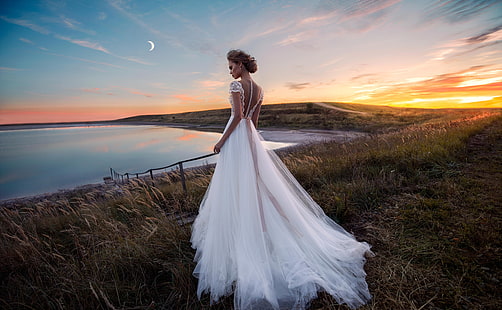 Gorgeous Bride in a Beautiful Dress, Evening,..., Girls, Nature, Girl, Style, Beautiful, Landscape, Woman, Field, Amazing, Outdoor, Outdoors, Beauty, Model, Gorgeous, Wedding, Fashion, bride, Dress, Clothing, clothes, Versal, HD wallpaper HD wallpaper