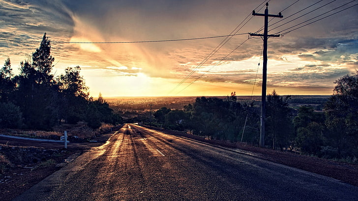 green leafed trees, road, trees, asphalt, sunset, clouds, photo manipulation, HDR, sunlight, power lines, HD wallpaper