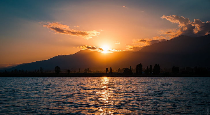Sunset, Issyk Kul Lake, Kyrgyzstan, silhouette and panoramic photo of city building digital wallpaper, Nature, Sun and Sky, Blue, Orange, Sunset, Lake, Water, Mountains, Silhouette, Clouds, Dusk, nikon, issykkul, sigma1770284vr, ysykkol, Kyrgyzstan, HD wallpaper