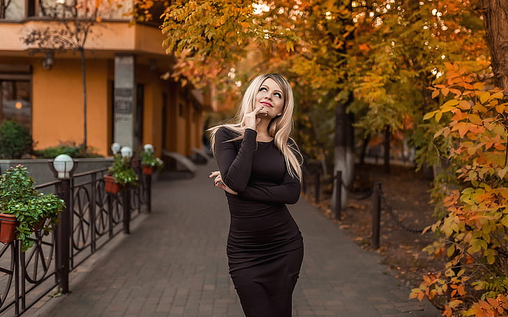 portrait, women, model, blonde, looking up, smiling, arms crossed, dress, black dress, red nails, trees, leaves, fall, outdoors, women outdoors, Georgy Dyakov, HD wallpaper