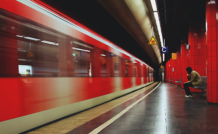 Subway Station, red and white train, Artistic, Urban, Station, Subway, HD wallpaper