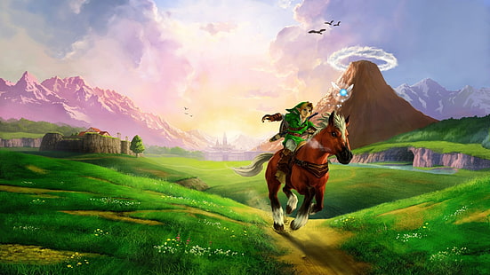 The Legend of Zelda Link graphic wallpaper, The Legend of Zelda, The Legend of Zelda: Ocarina of Time, Link, navi, Lon Lon Ranch, Death Mountain, Hyrule Castle, HD wallpaper HD wallpaper