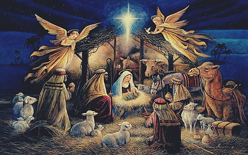 Jesus Christ, Christmas, lights, angel, night, Virgin Mary, religion, painting, Christianity, HD wallpaper HD wallpaper