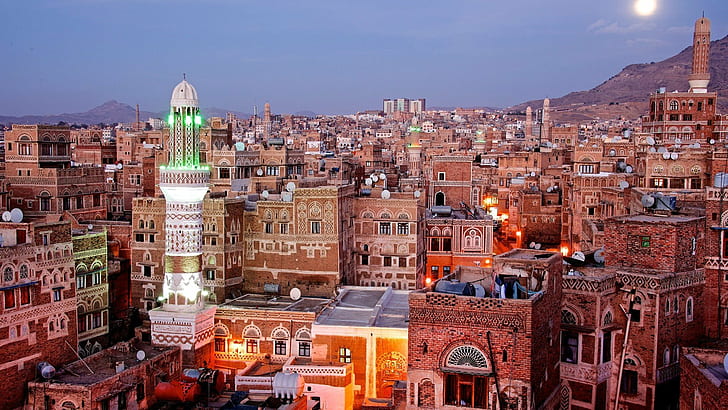 архитектура здание город городской пейзаж Йемен старое здание мечеть крыши солнце огни кирпичи, HD обои