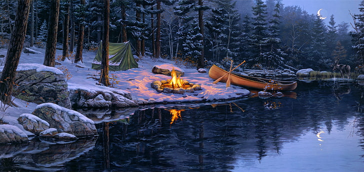 brown canoe, winter, forest, snow, lake, the moon, boat, spruce, the fire, tent, pine, painting, moose, Darrell Bush, late autumn, Back in the Pines, HD wallpaper
