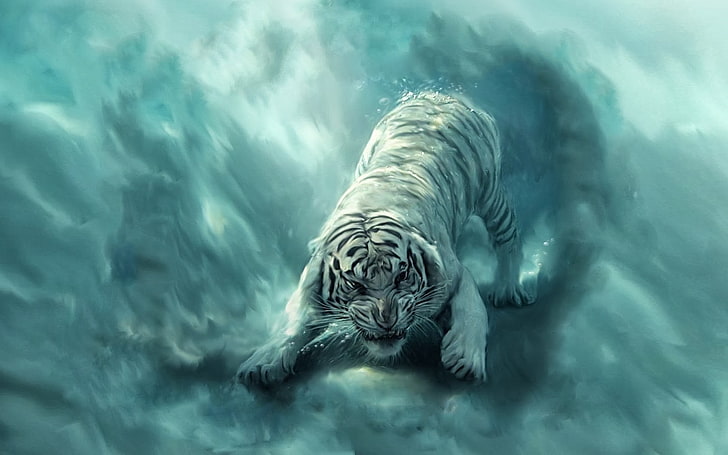 albino tiger digital wallpaper, tiger, fantasy art, animals, HD wallpaper