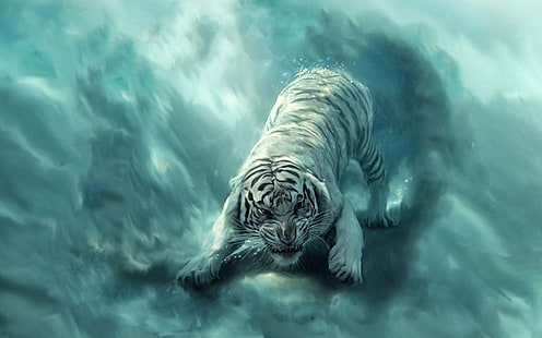 albino tiger digital wallpaper, tiger, fantasy art, animals, HD wallpaper HD wallpaper