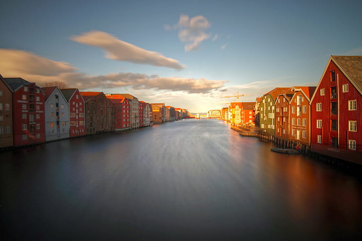 Hyven Дания, Норвегия, Норвегия, Дания, Мариуш, Европа, Скандинавия, Норвегия, Тронхейм, река канала, старый город, деревянный, исторический, архитектура, красочный, живописный, длительная экспозиция, HD обои