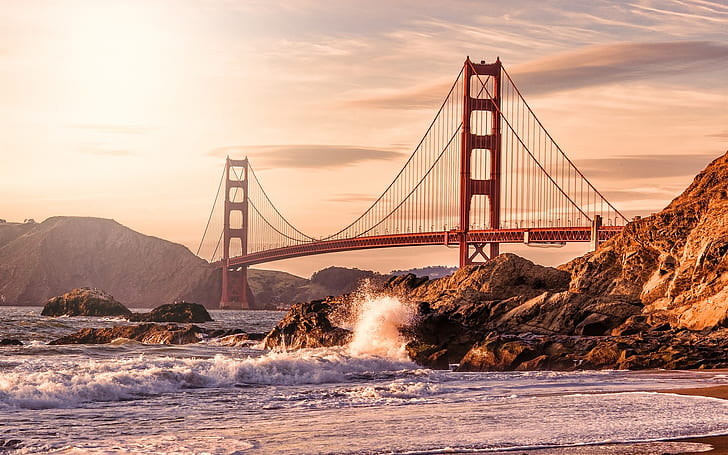 США, Сан-Франциско, Мост Золотые Ворота, скалы, волны, пляж, Мост Золотые Ворота, Сан-Франциско, Калифорния, США, Сан, Франциско, Золотой, Ворота, Мост, Скалы, Волны, Пляж, HD обои