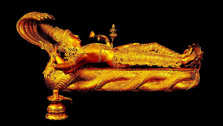 Guldstaty av Lord Vishnu, guldfärgad hinduisk gudomlig statyett, Gud, Lord Vishnu, golden, staty, lord, vishnu, HD tapet