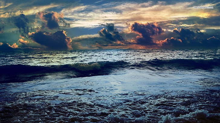 ภาพถ่ายทิวทัศน์ของคลื่นทะเลภายใต้ท้องฟ้าที่มีเมฆมากในเวลากลางวันทะเลท้องฟ้าเมฆธรรมชาติขอบฟ้า, วอลล์เปเปอร์ HD