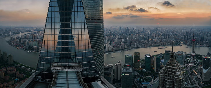 fotografi pemandangan alam cityscape panorama matahari terbenam pencakar langit baja kaca bangunan sungai aerial view arsitektur metropolis modern shanghai cina, Wallpaper HD