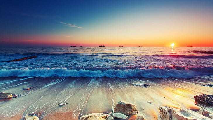vagues de la mer se brisant sur le rivage, coucher de soleil, plage, vagues, Fond d'écran HD