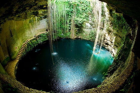 пещера, сеноти, кръг, пейзаж, Лианас, Мексико, природа, яма, гмуркане, потъващи дупки, вода, HD тапет HD wallpaper