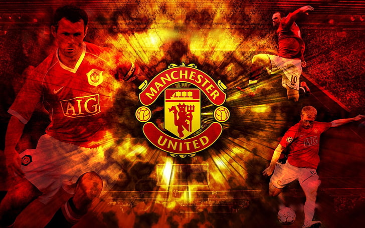 Tapeta z logo Manchester United, Manchester United, tło, napis, zawodnicy, symbol, klub, piłka nożna, Tapety HD