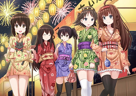 Anime Girls, Yukata, Akagi, Fubuki, Hiei, Kaga, Kongou, KanColle, ตัวละครอนิเมะ loli 5 ตัว, สาวอะนิเมะ, ยูกาตะ, Akagi, fubuki, hiei, kaga, kongou, kancolle, 1920x1358, วอลล์เปเปอร์ HD HD wallpaper