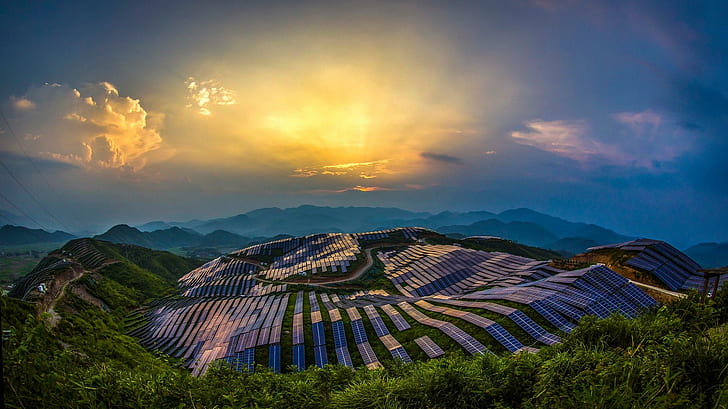 clouds, forest, landscape, panels, Sun, nature, solar power, power plant, road, mountains, trees, sun rays, hills, China, HD wallpaper