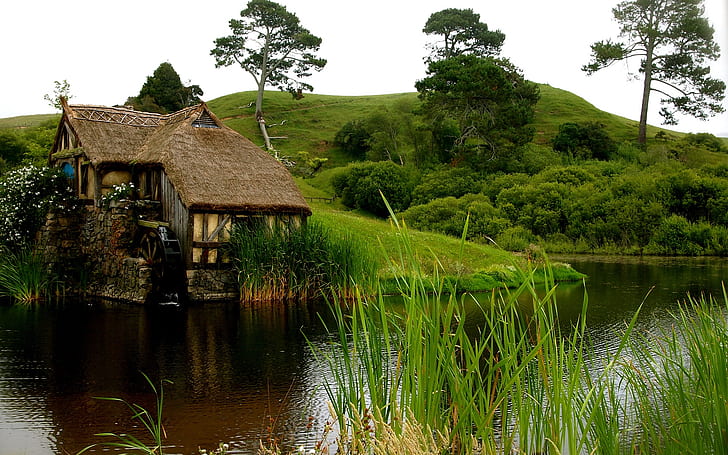 Fresh air and green nature, ponds, huts, grass, Fresh, Air, Green, Nature, Ponds, Huts, Grass, HD wallpaper