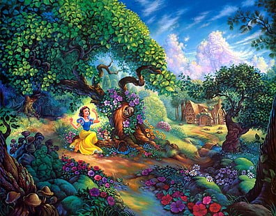 Królewna Śnieżka na kolanach przy drzewach malowanie, kwiaty, dom, las, kreskówki, malarstwo, Walt Disney, Śnieżka Magiczny Las, Śnieżka, Tom duBois, Tapety HD HD wallpaper