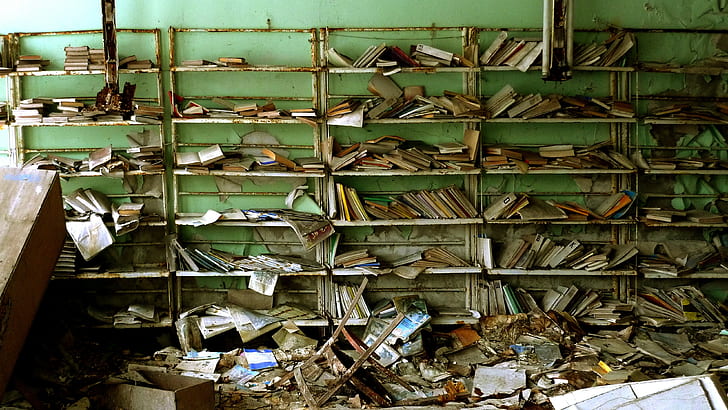 old building, old paper, apocalyptic, books, abandoned, HD wallpaper
