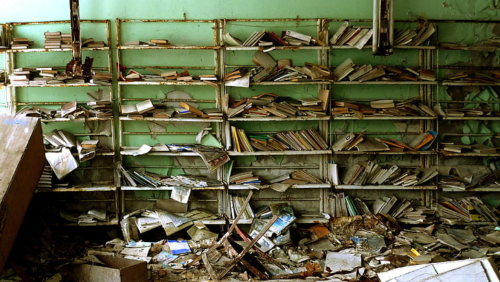 old paper, apocalyptic, old building, books, abandoned, HD wallpaper
