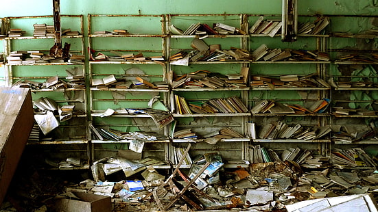 papel viejo, apocalíptico, edificio viejo, libros, abandonado, Fondo de pantalla HD HD wallpaper