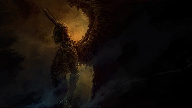 hombre alado con fondo de pantalla digital de cuerno, arte de fantasía, dibujo, demonio, arte digital, criatura, diablo, alas, infierno, Satanás, Fondo de pantalla HD