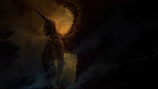 winged man with horn digital wallpaper, fantasy art, drawing, demon, digital art, creature, Devil, wings, hell, Satan, HD wallpaper HD wallpaper