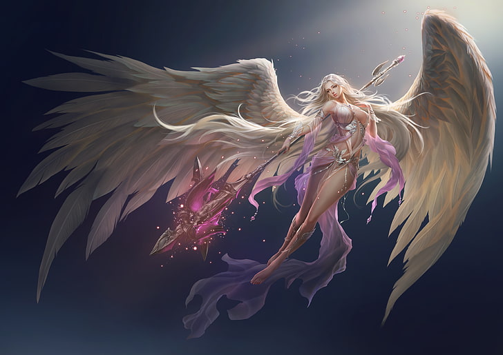 wings, no bra, nopan, see-through clothing, weapon, long hair, gray hair, League of Angels, HD wallpaper