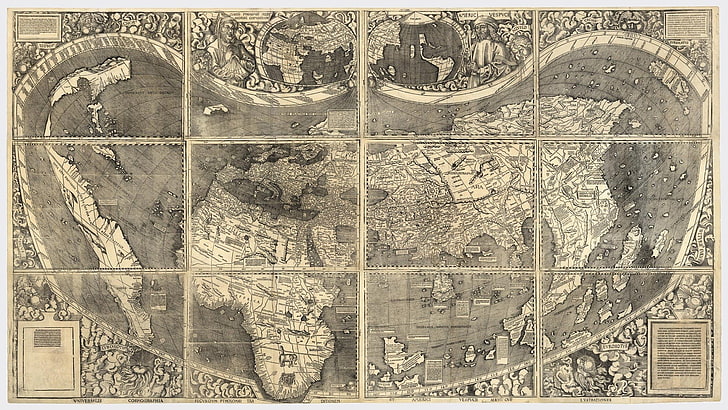 illustration de carte du monde gris et blanc, monde, carte du monde, vintage, Fond d'écran HD