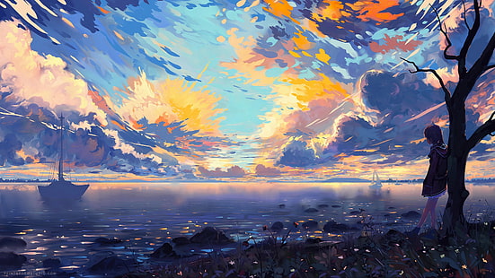 anime landscape, anime art, painting, sea, ship, art, painting art, watercolor paint, HD wallpaper HD wallpaper