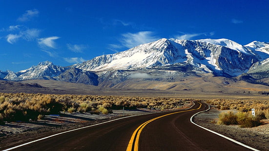 путешествие на автомобиле, сьерра-невада, пустыня, зима, снег, горная местность, гора пейзажа, горный перевал, национальный парк, дорога, горный хребет, голубое небо, сша, шоссе, небо, гора, калифорния, HD обои HD wallpaper