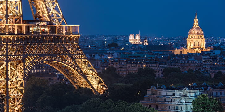 France, Paris, home, panorama, night city, Notre Dame Cathedral, Eiffel Tower, Notre-Dame de Paris, Invalides, Les Invalides, HD wallpaper