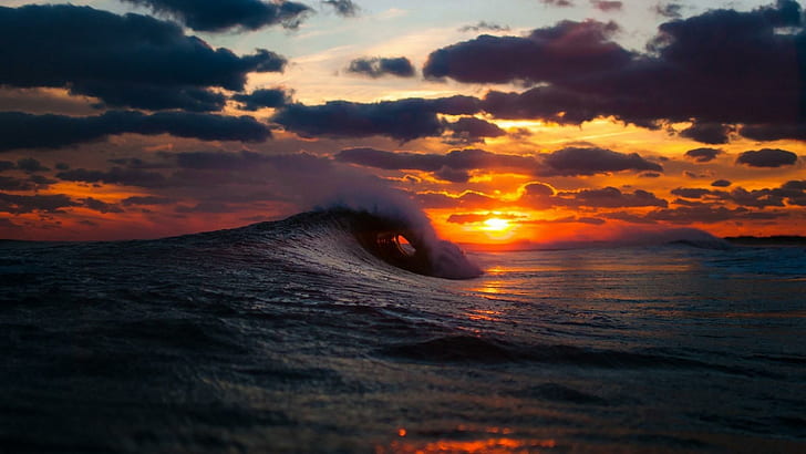 海、波、波、夕日、波、波、夕日、 HDデスクトップの壁紙