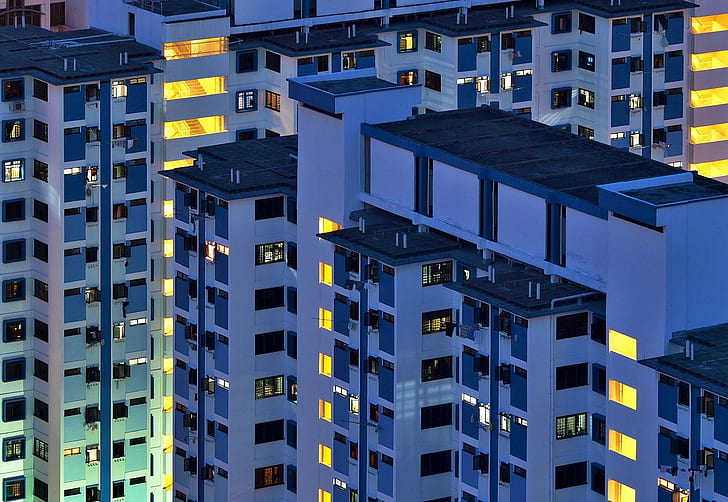 Paisaje urbano, edificio, rascacielos, luces, Singapur, Fondo de pantalla HD