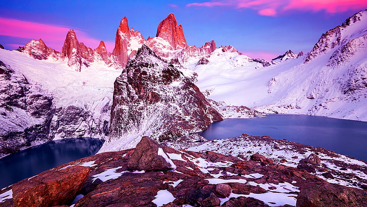 凍結、フィッツロイ山、セロフィッツロイ、パタゴニア南部氷原、アルゼンチン、エルチャルテン、ロスグラシアレス国立公園、セロフィッツロイ、南アメリカ、国立公園、山塊、岩、モンテフィッツロイ、チリ、パタゴニア、冬、セロチャルテン、山脈、岩の形成、荒野、空、山、フィッツロイ、 HDデスクトップの壁紙