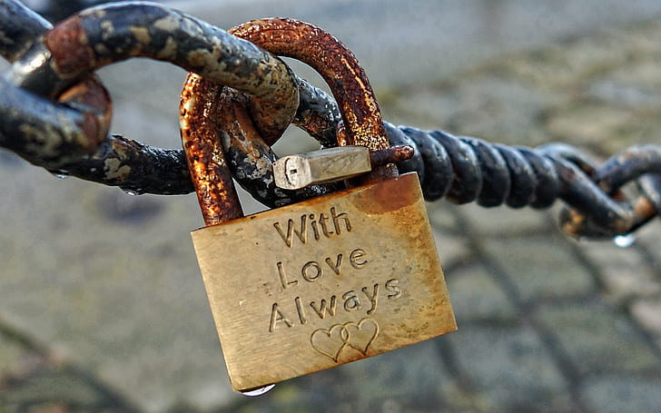shallow focus photography of gray steel with love always engrave padlock, With love, love always, shallow focus, photography, gray, steel, engrave, padlock, locks of love, albert dock, love locks, selective focus, bokeh, rust, raindrops, liverpool, Sony SLT-A65V, security, lock, love, safety, metal, HD wallpaper