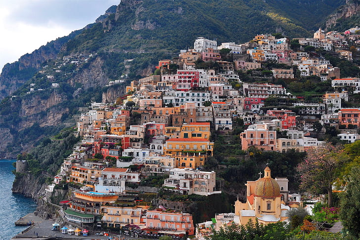 laut, Italia, pantai, batu, rumah, gereja, Positano, Wallpaper HD