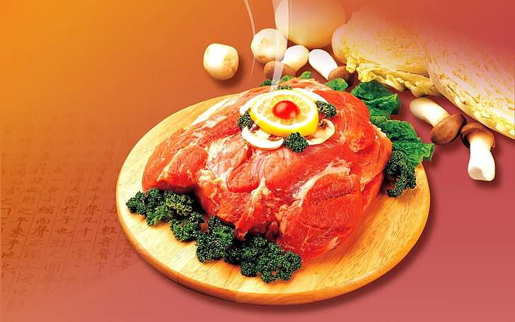 fresh meat and vegetable, meat, fresh, lemon, greens, mushrooms, components, HD wallpaper