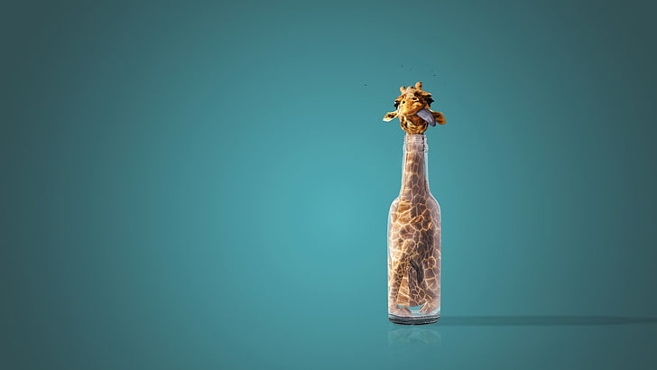 Жираф в бутылке, иллюстрация, юмор, бутылки, HD обои