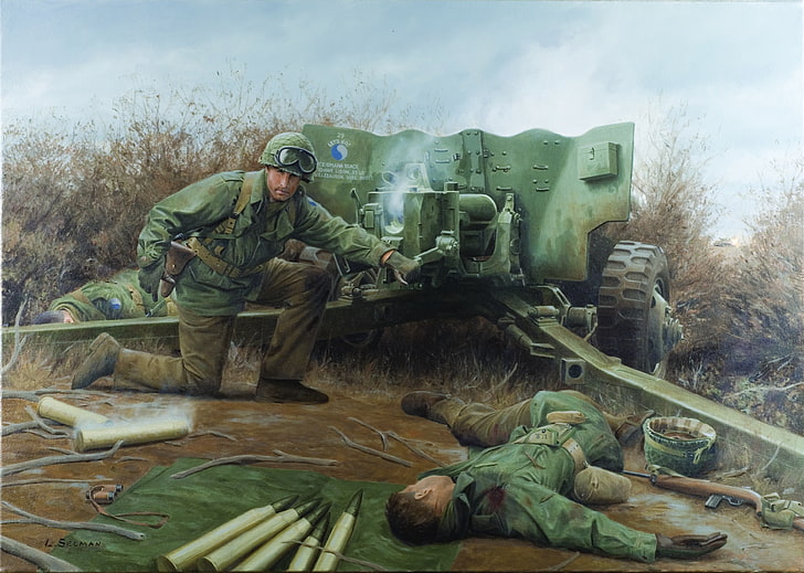 soldiers painting, soldiers, gun, Germany, 1944, Bourheim, November 26, Lightning at Bourheim by Larry Selman, HD wallpaper