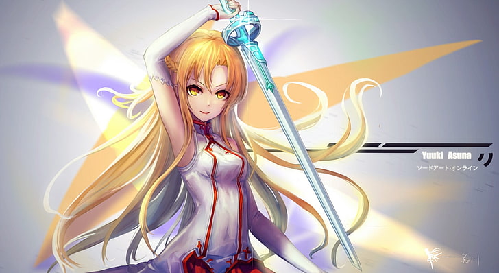 female animated character holding sword digital wallpaper, Sword Art Online, Yuuki Asuna, blonde, anime girls, anime, video games, HD wallpaper