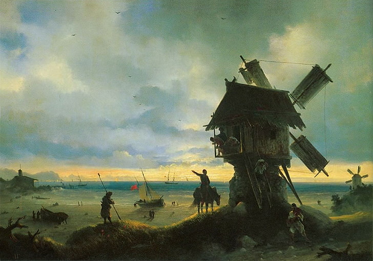 Windmill on the seashore, art, windmill, seashore, luminos, painting, pictura, ivan aivazovsky, HD wallpaper