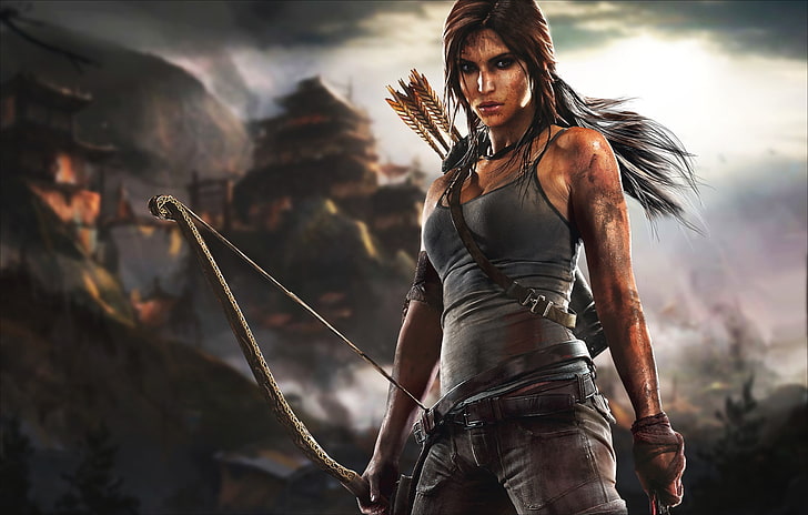 Tomb Raider illustration, chest, girl, bow, dirt, Tomb Raider, Lara Croft, Square Enix, survival, Crystal Dynamics, reborn, clouds., HD wallpaper