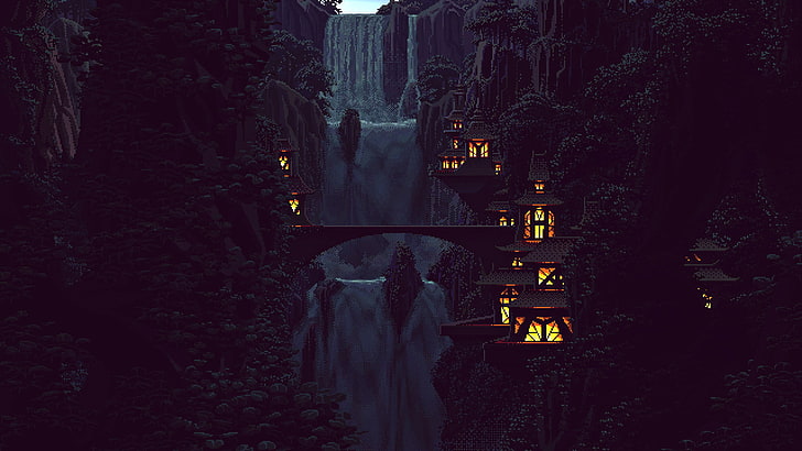 sztuka cyfrowa sztuka pikselowa piksele 8 bitów natura wodospad drzewa las chiński architektura dom światła góra rock hill, Tapety HD