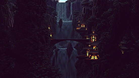 цифровое искусство пиксель арт пиксели 8 бит природа водопад деревья лес китайская архитектура дом огни гора рок холм, HD обои HD wallpaper