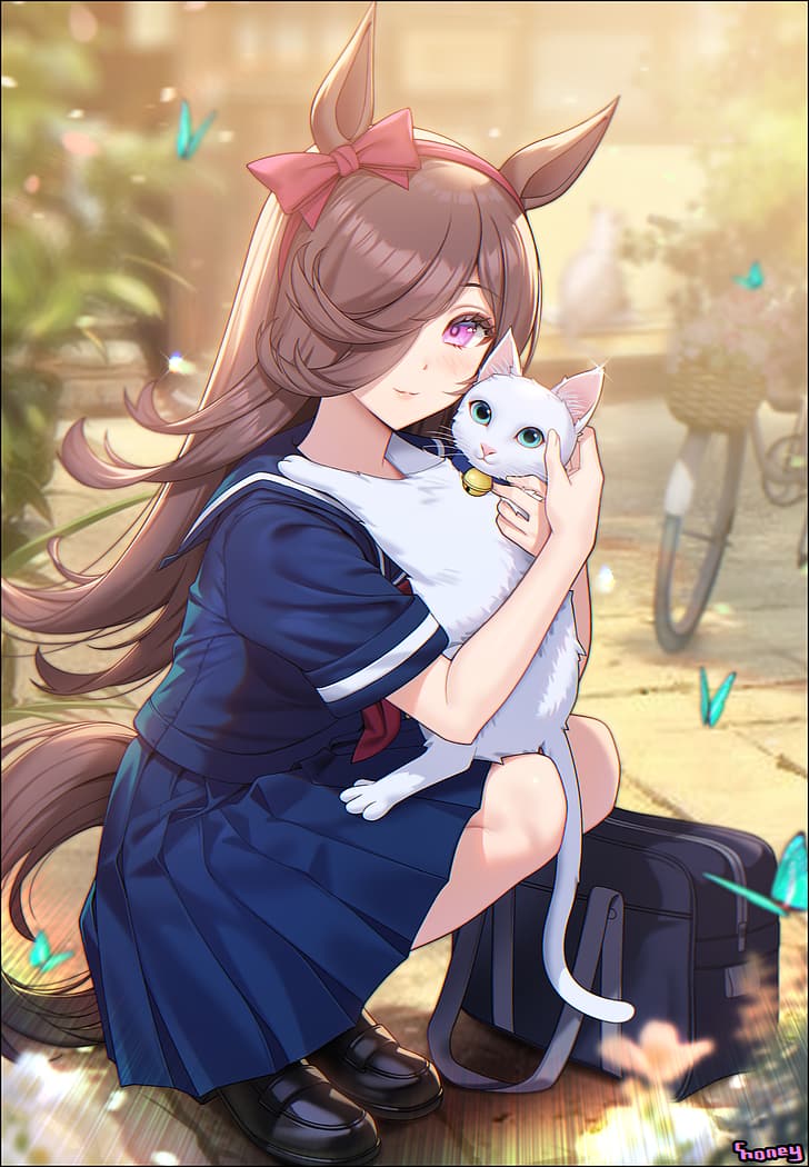 Uma Musume Pretty Derby, hair over one eye, cats, school uniform, thighs, animal ears, black footwear, purple eyes, bicycle, butterflies, depth of field, solo, squatting, looking at viewer, brunette, long hair, anime girls, Rice Shower (Uma Musume), pink lipstick, bag, women with cat, vertical, anime, loli, blushing, women outdoors, fan art, artwork, 2D, blurry background, Choney, HD wallpaper
